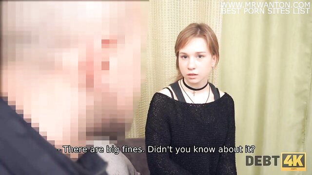 Teen Russian debtor in black sweater faces man over big fines in Debt4K