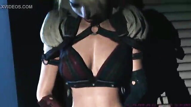 Busty Harley Quinn in leather harness cosplay shows cleavage