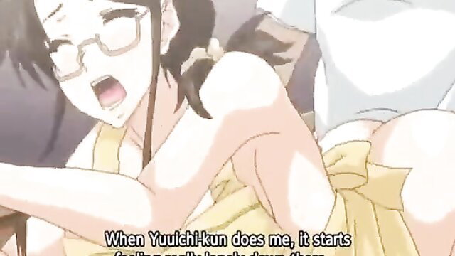 Glasses Asian JAV girl in yellow dress fucked doggystyle, moaning caption