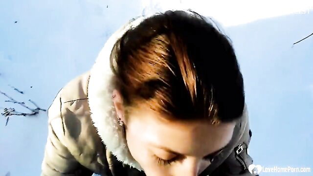 Redhead stepsis POV blowjob outdoors in fur coat winter