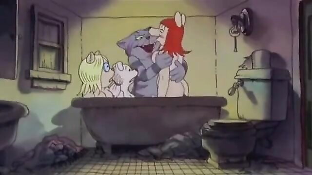 Fritz the Cat animated bath tub orgy with anthropomorphic cat girls