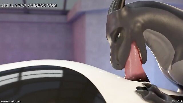 Black orca furry licking pink cock on car hood