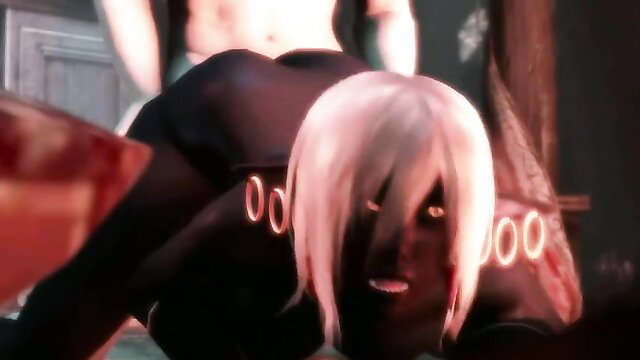 Queen Nualia bent over in black skirt and stockings, white hair, explicit CG comic scene
