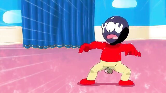Animated black ball-headed character dancing nude with visible balls at magical sleepover