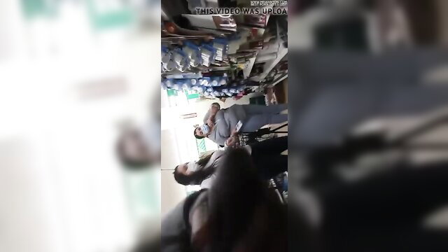 Blurry amateur store sex POV with masked couple, man thrusting woman from behind