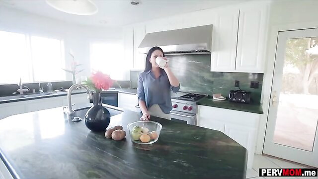 Jealous stepmom sipping coffee in kitchen, teasing blouse