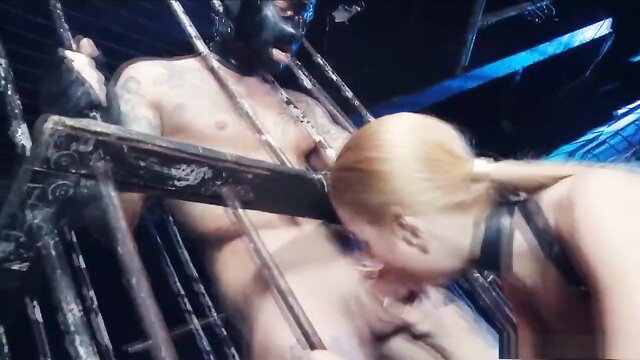 Cathy Heaven fellatio on tattooed masked man in BDSM gear