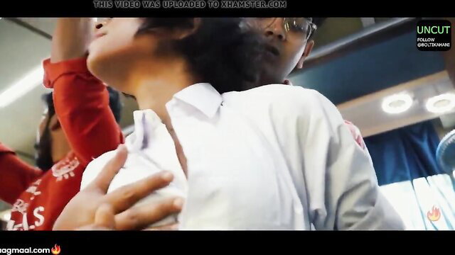 Uncut Bus: Asian girl in white shirt groped passionately by man in glasses