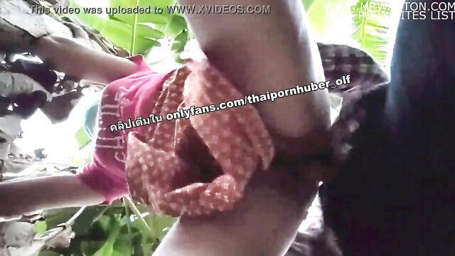 Thai sister Wan outdoor fuck with banana worker's huge cock
