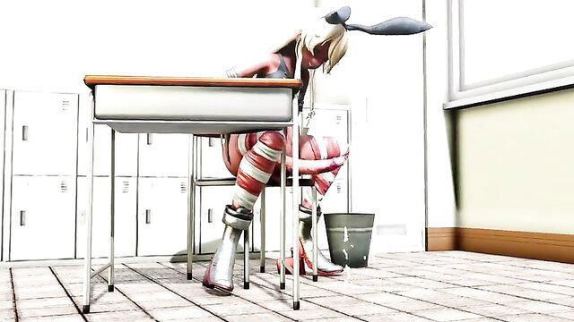 Blonde futa bunny girl in stockings slumped at desk in MMD hentai