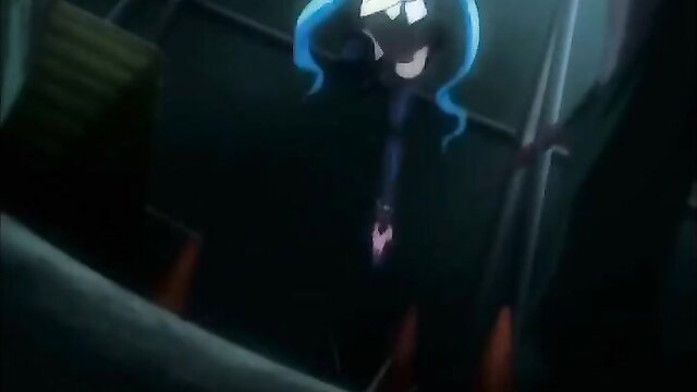 Anime hentai girl with blue twintails floating in dark room, glowing eyes