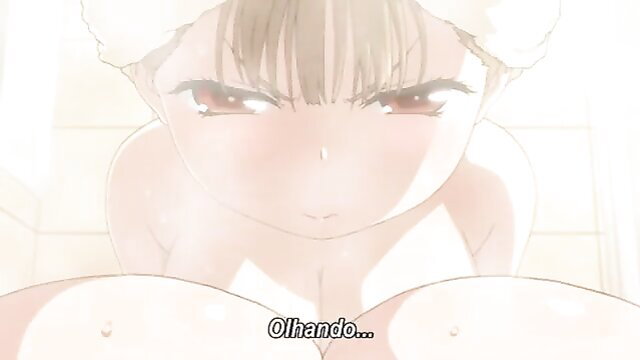 Angry anime girl with towel turban glaring close-up, huge tits exposed