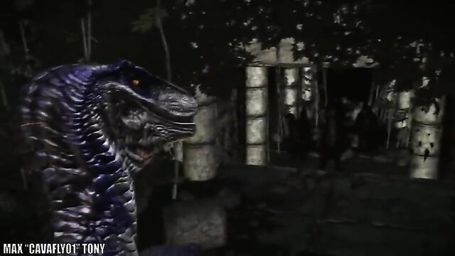 Purple raptor dinosaur in dark jungle ruins, Into The Raptors Nest adult parody