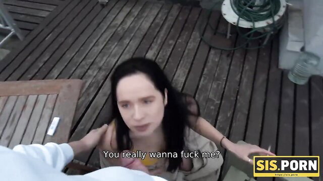 Brazen babe grabs stepbro's hand, asks if he wants to fuck her on deck