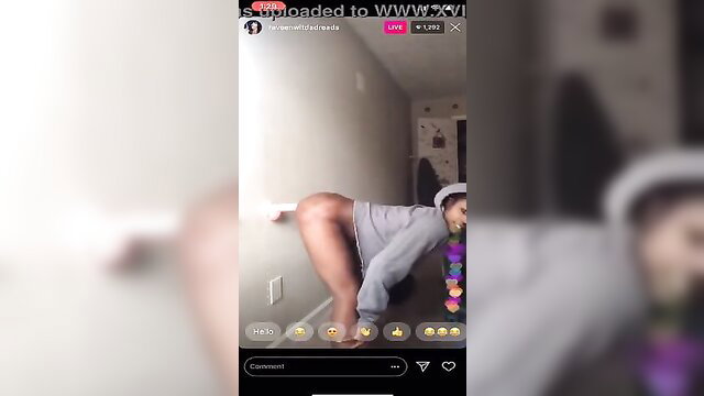 Thick ebony amateur bends over in grey sweats on IG live