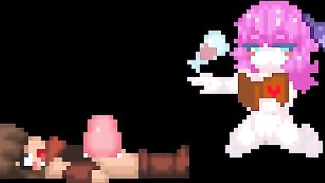 Pixel hentai girl with pink hair feeds blue egg to bound brunette in Forest of Blue Skin