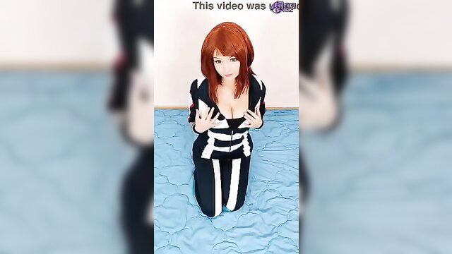 Cosplay Ochaco Uraraka redhead in black white lingerie kneeling cleavage tease
