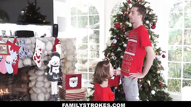 Riley Mae sucks stepbro's cock by Christmas tree in festive sweaters