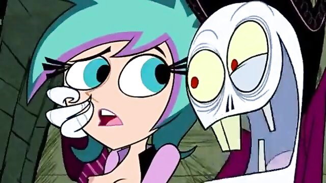 Cyan-haired anime girl shocked by skeletal ghost in spooky hentai scene