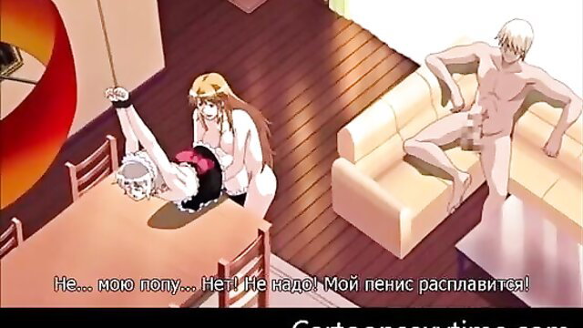 Blonde hentai girl fucked by tentacles, white-haired guy watches threesome