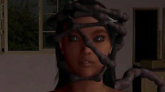 CGI black woman bound and mind-controlled by tentacles in erotic animation