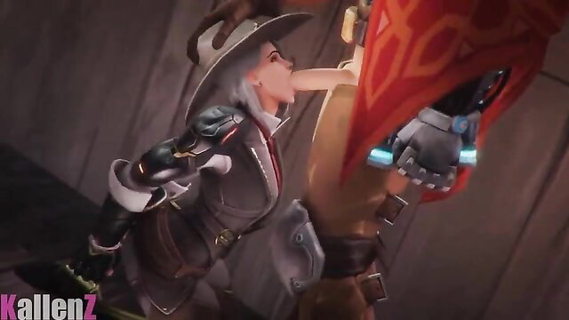 Ashe Overwatch hentai sucking cock in cowgirl pose
