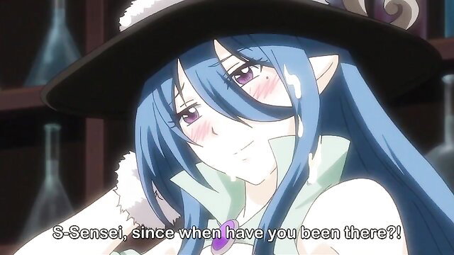 Blue-haired elf witch in hat blushes surprised, anime hentai thumbnail