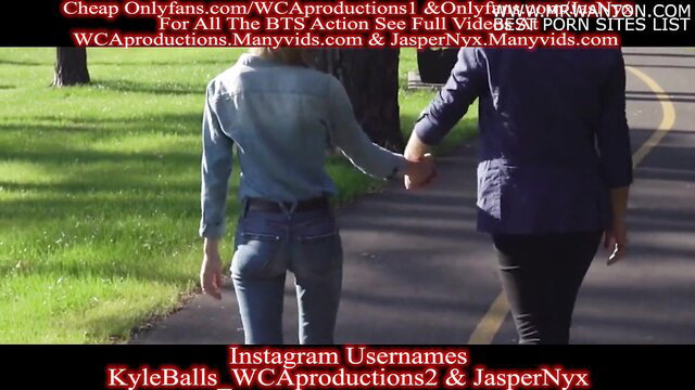 Jasper Nyx spray tan with friend's hot mom, two women holding hands outdoors