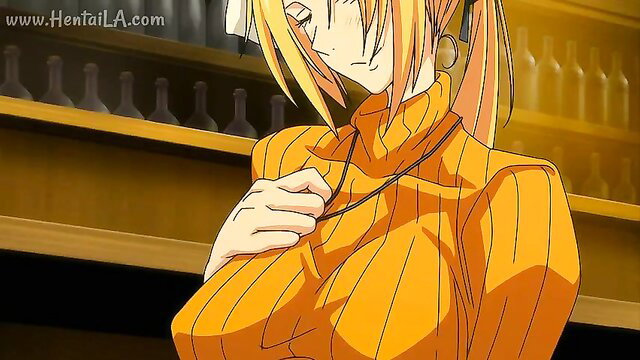 Blonde anime hentai girl in tight orange turtleneck sweater, big tits, bar background