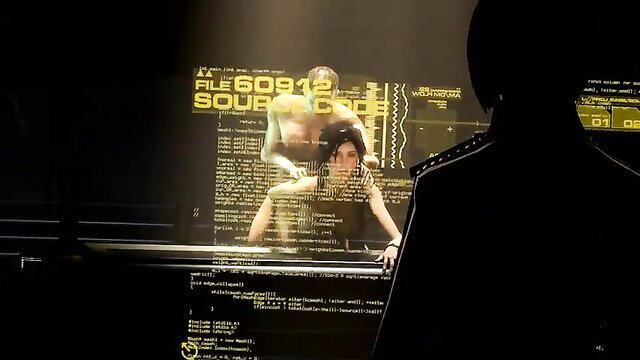 Lara Croft cosplay girl nude on holographic screen in sci-fi porn