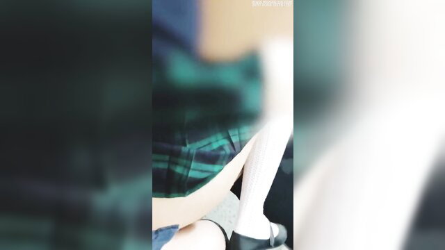 Mexican schoolgirl in plaid skirt, stockings, legs spread in amateur creampie vid
