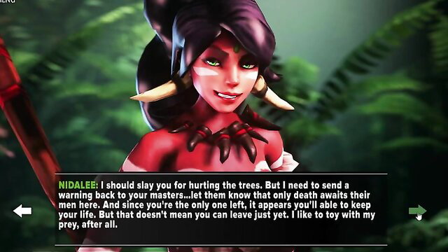 Nidalee Queen of the Jungle threatens prey with spear, sexy tribal outfit