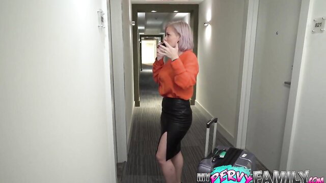 Casca Akashova busty MILF in orange sweater and leather skirt