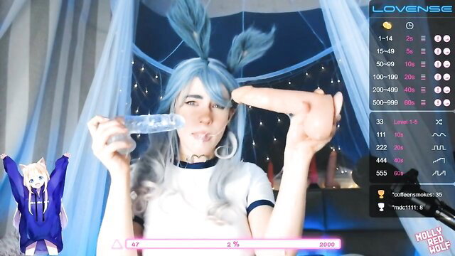 MollyRedWolf blue-haired bunny girl slobbering blowjob on two dildos
