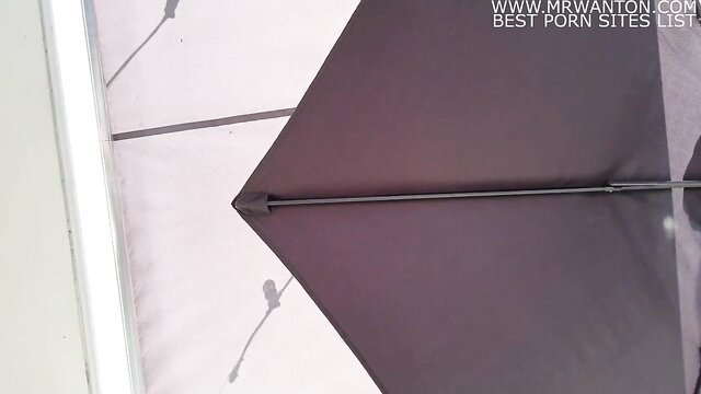 Amateur outdoor terrace sex with woman on pipe, explicit closeup