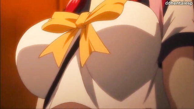 Busty anime redhead hentai girl with huge tits in yellow ribbon bow