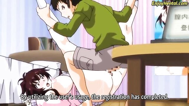 Hentai girl with huge tits legs spread wide exposing pussy under guy