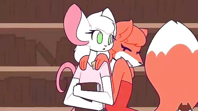 Cute white mouse girl and red fox futanari cuddling intimately in library