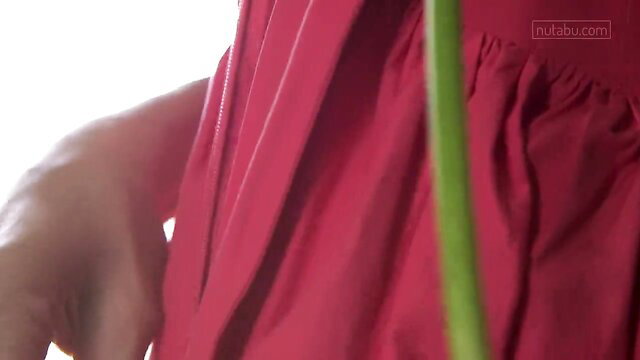 Celeste Star in red dress, teasing head to toe climax