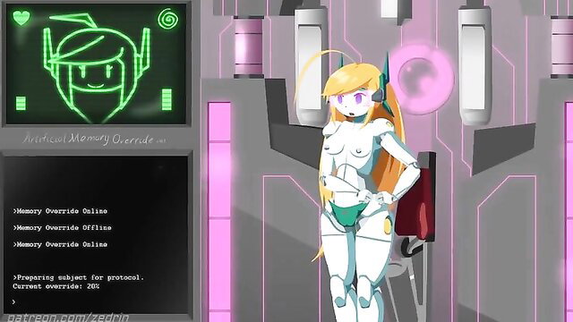 Curly Brace hentai android nude in sci-fi Memory Override lab pose