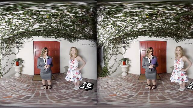 Angel Smalls & Rachel Roxxx in real estate suits at door, WankzVR