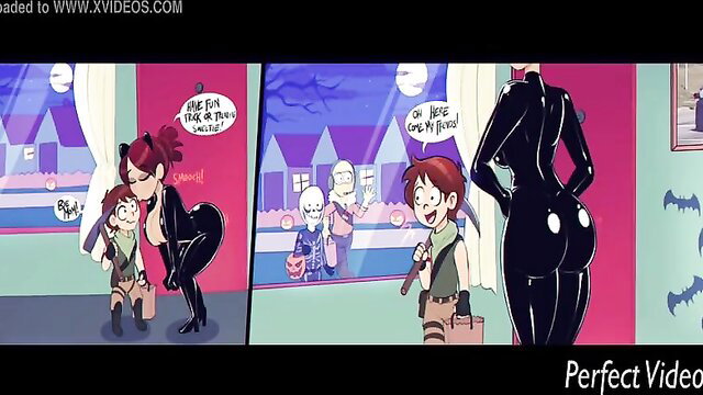 Hot cartoon MILF catwoman in latex seduces young redhead girl on Halloween