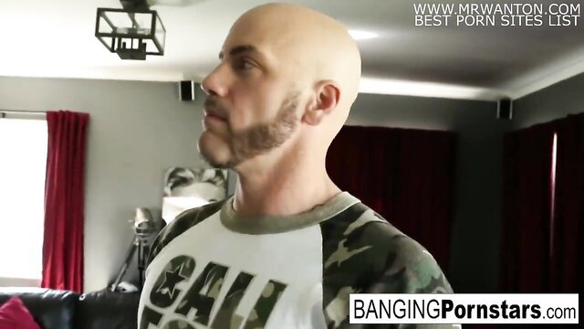 Bald man in camo tee profile view POV porn thumbnail
