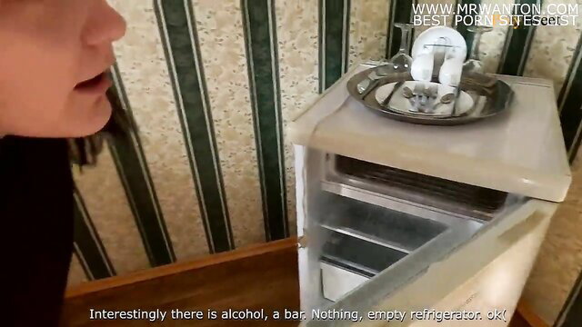 Russian amateur girl licks silver spoon BJ tease, empty fridge hotel room