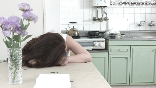 Mako Oda face down asleep on kitchen counter, mature Japanese beauty