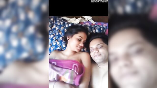 Desi Indian wife cuddles nude with lover in bed threesome tease