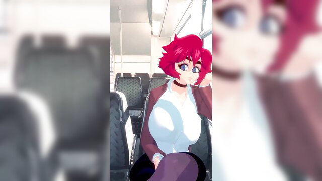 Maxine with red hair smirks seductively on train seat, big tits spilling from blouse