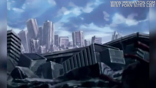 Anime ruined cyberpunk city skyline with dramatic blue clouds and debris