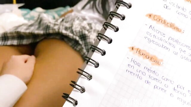 Hot teen classmate upskirt in plaid skirt studies, thick thighs tease