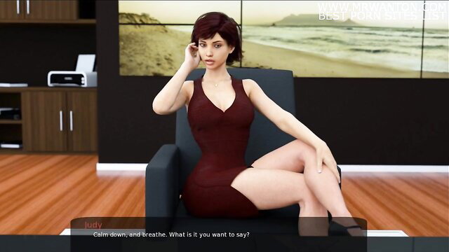 Redhead milf in tight red dress sits seductively in office chair